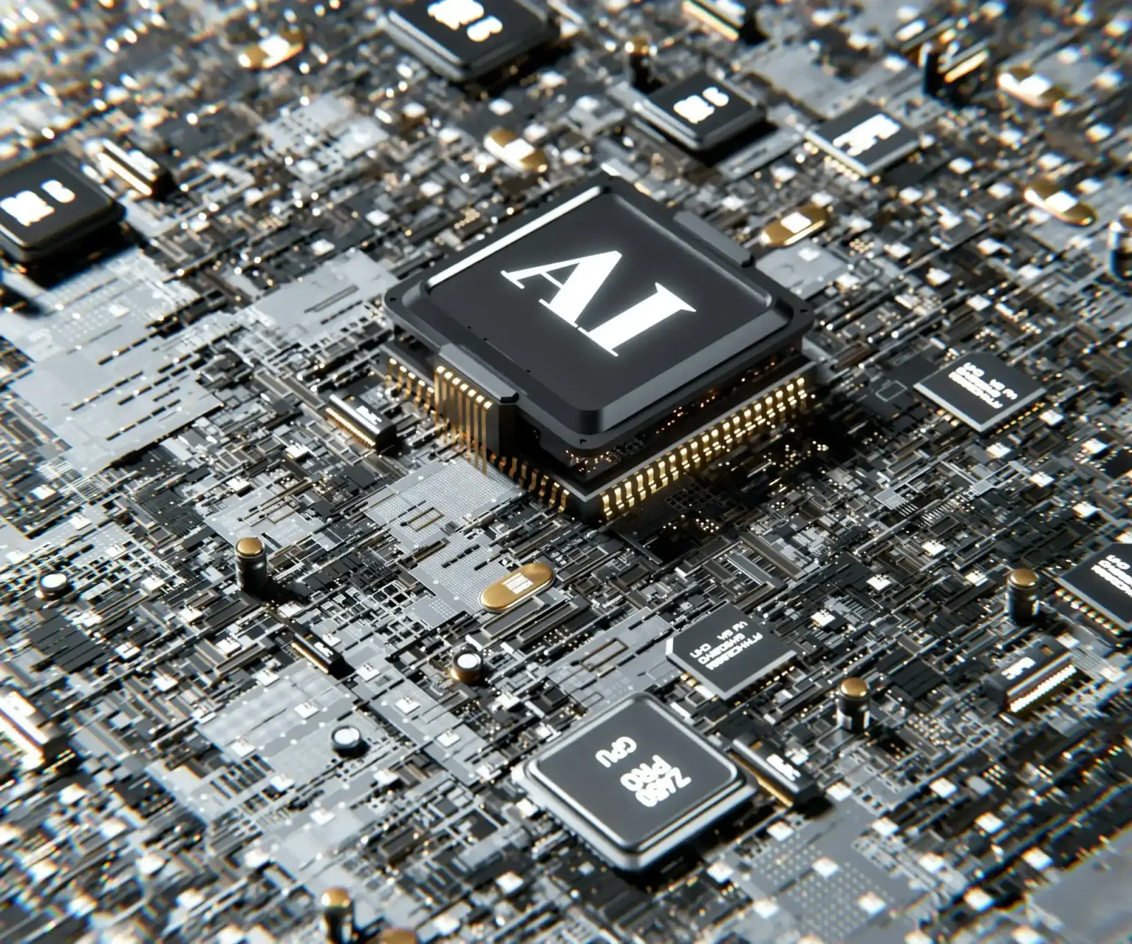 Rendered circuit board with a central chip labeled AI, illustrating the hardware behind AI systems that need securing