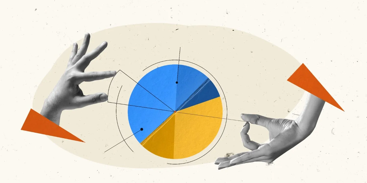 Illustration of a pie chart being examined by two hands, with measurement lines and orange triangle accents on a cream background evoking data analysis and decision-making.