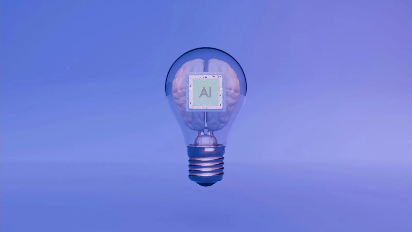 Light bulb holding a brain with an AI chip, illustrating AI as a source of new efficiency ideas for MSPs.
