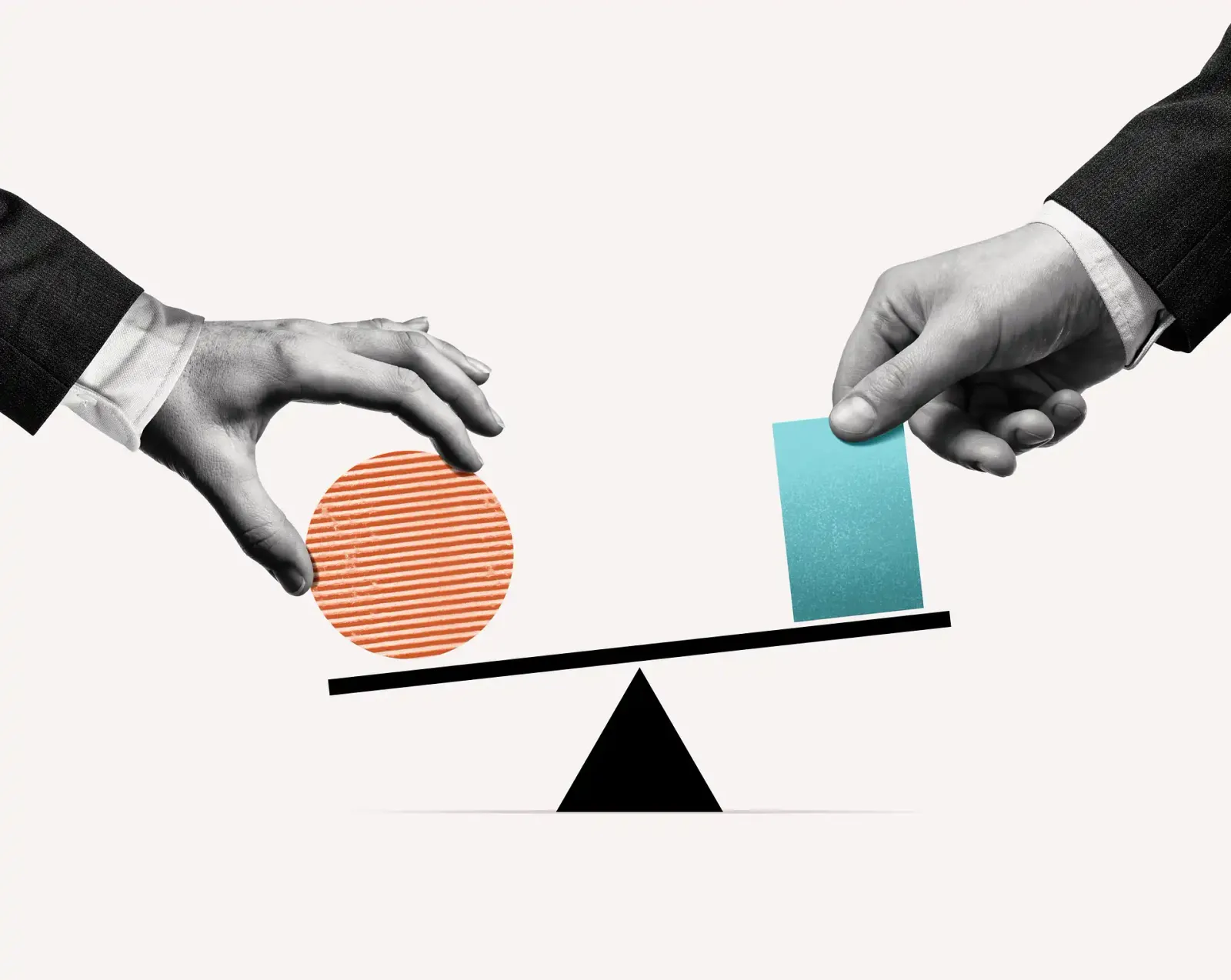 Two hands placing a circle and a rectangle on a balance scale, suggesting a CEO weighing business needs against technology.