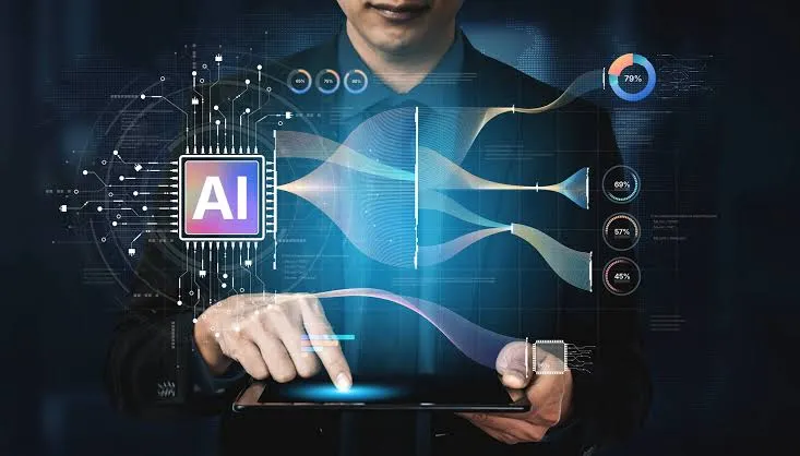 Person using a tablet beneath a holographic AI chip and data flows, illustrating a business assessing AI readiness.