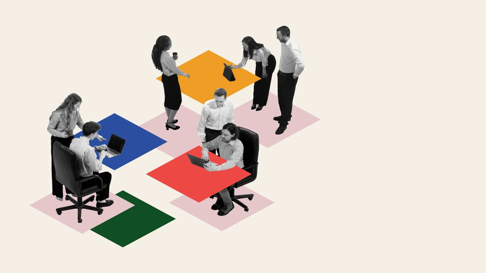 People working in small groups on colored floor tiles, representing a remote team organized around outcomes.
