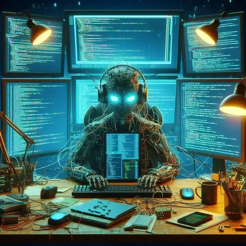 Robot with glowing eyes coding at a desk surrounded by monitors, illustrating AI in software development
