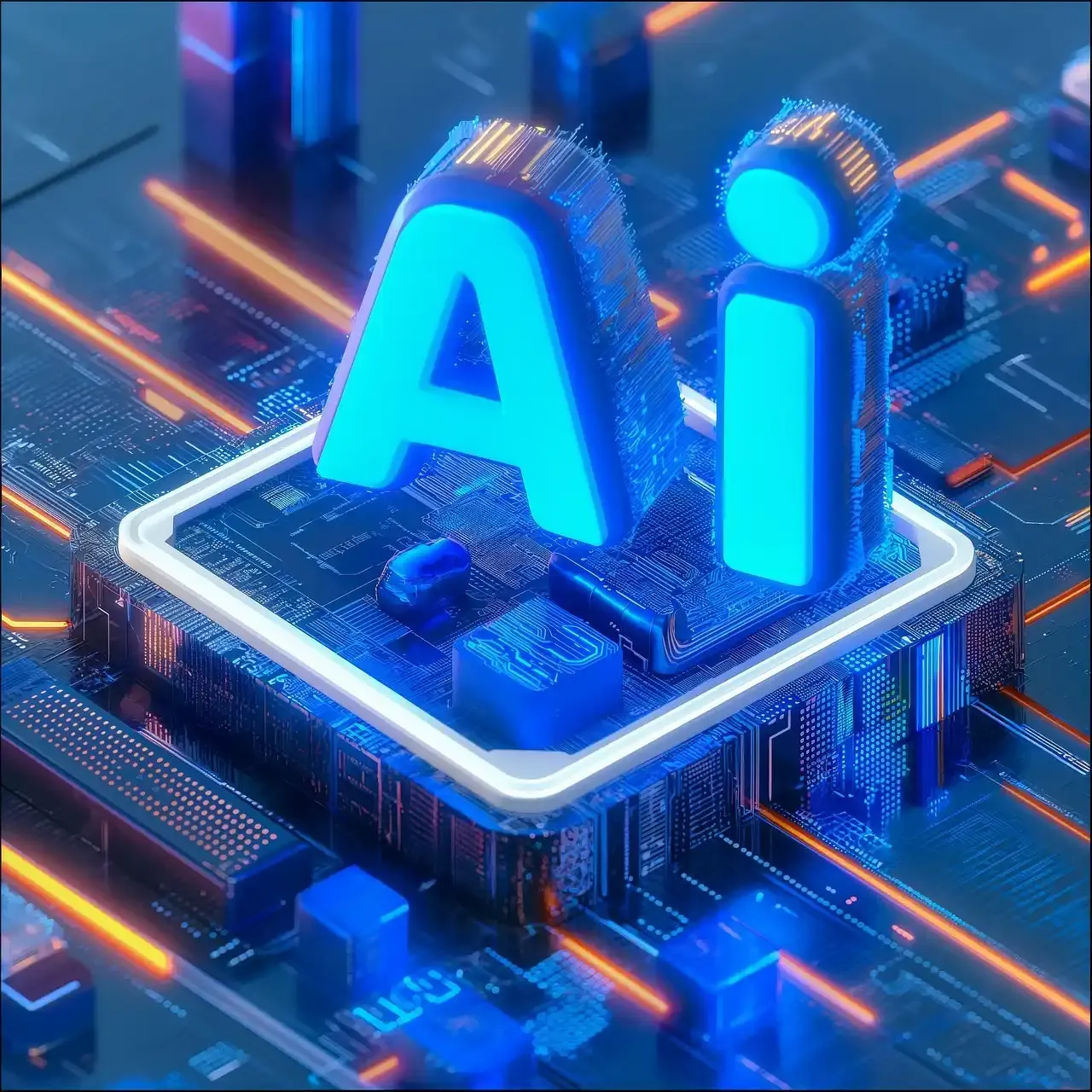 Glowing blue AI letters on a circuit board chip, illustrating enterprise AI across a private equity portfolio.
