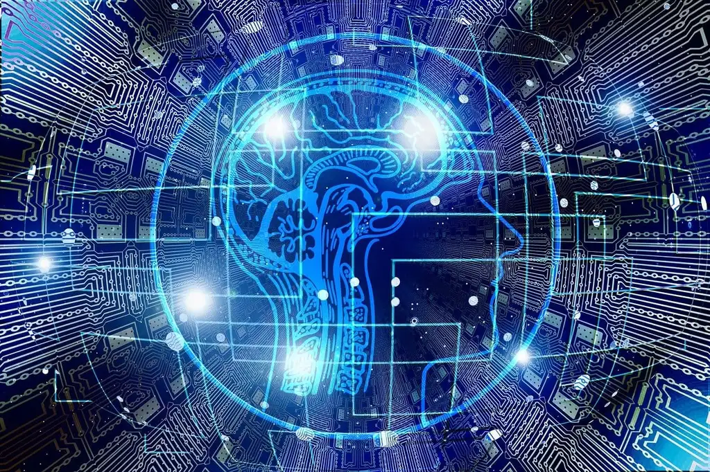 Digital illustration of a human head with a glowing brain over circuit lines, representing AI in application modernization