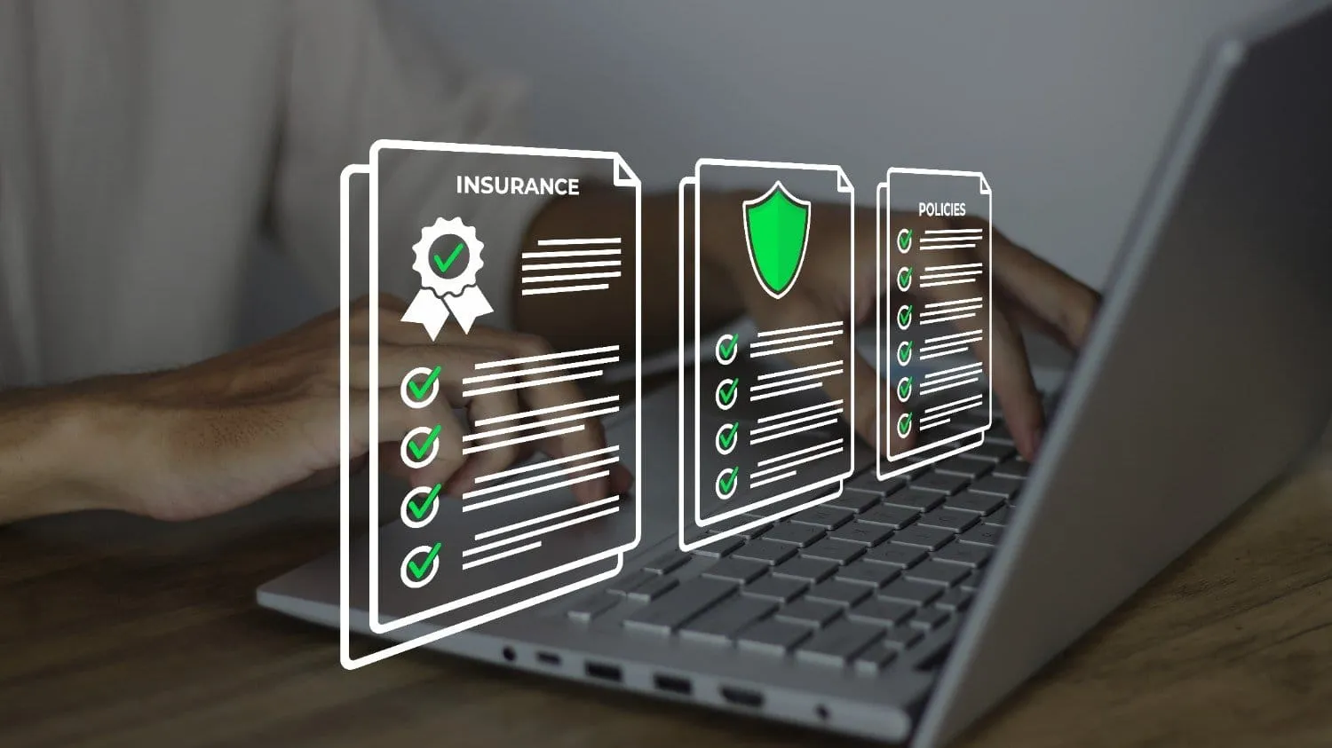 Person typing on a laptop with overlaid icons of insurance and policy documents marked with checkmarks
