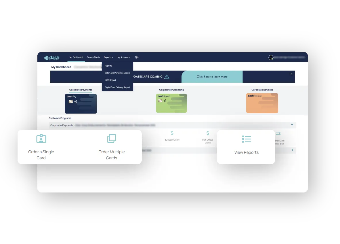 Dash client portal dashboard with corporate payment, purchasing and rewards card programs and order and report options